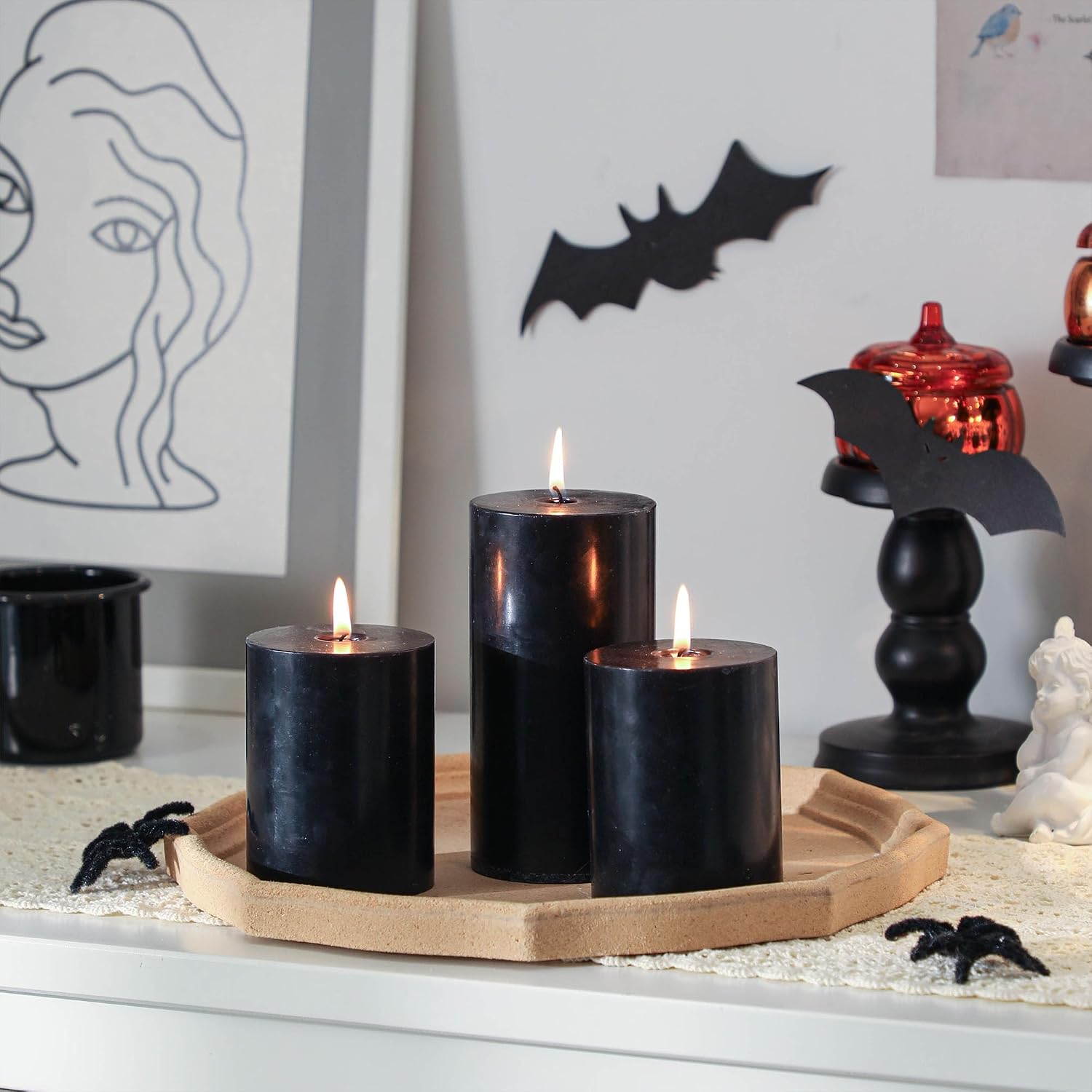 3x4 Inch Black Pillar Candles Set of 3 - Decorative Unscented Pillar Candles, Long Burning Dripless Candle for Home