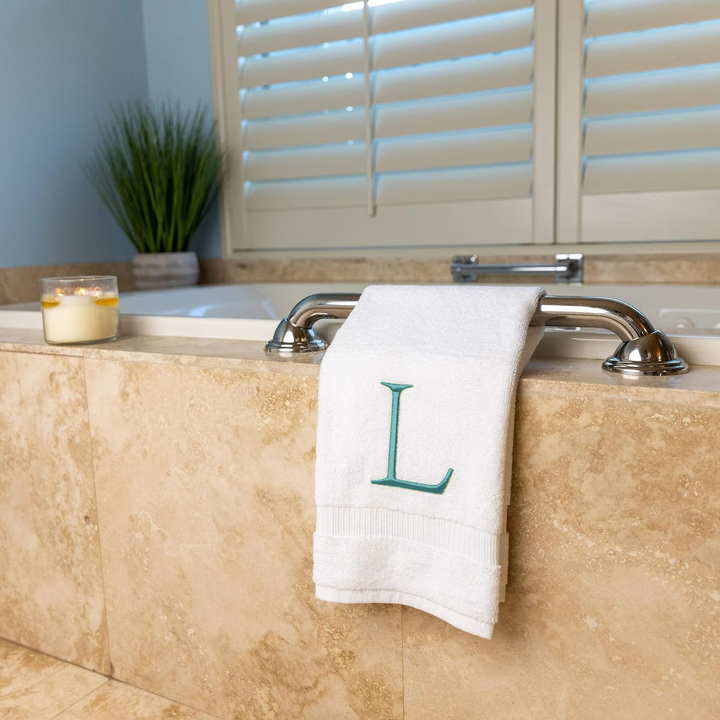 White with Teal Monogrammed Hand Towels for Bathroom - Set of 2 Letter L | Luxury Hotel Quality Initial Towels For