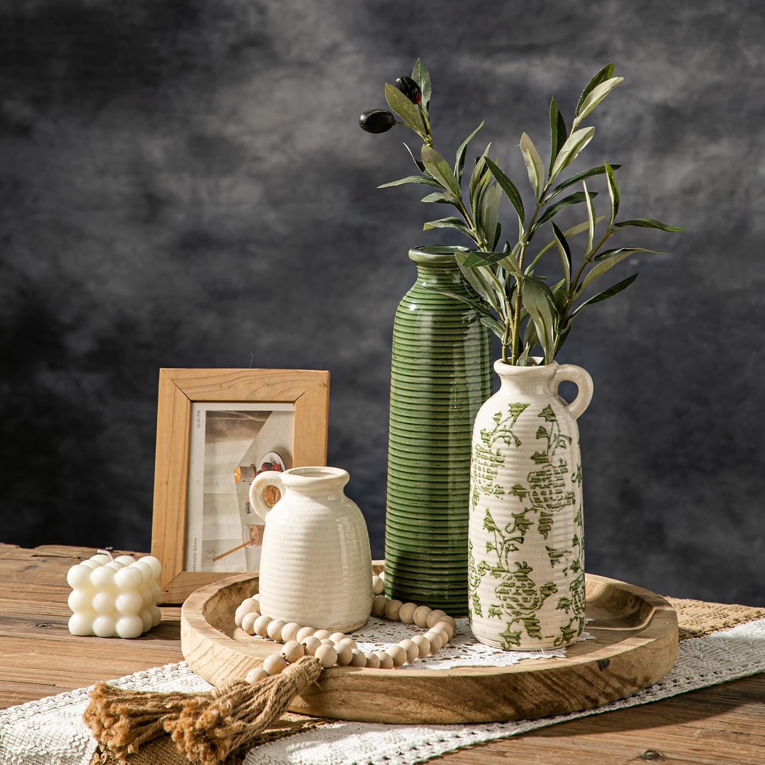 Ceramic Vases / Farmhouse Country Flower Vase Home Decor / Green Flower / Set of 3