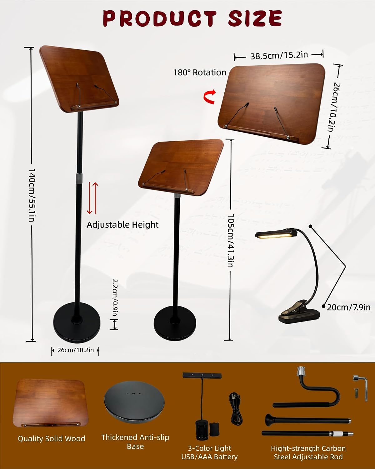 2 in 1 Multiplel-Use Music Stand with Light, Book Holder for Reading, Height Adjustable 18''-55'' Bible Shtender