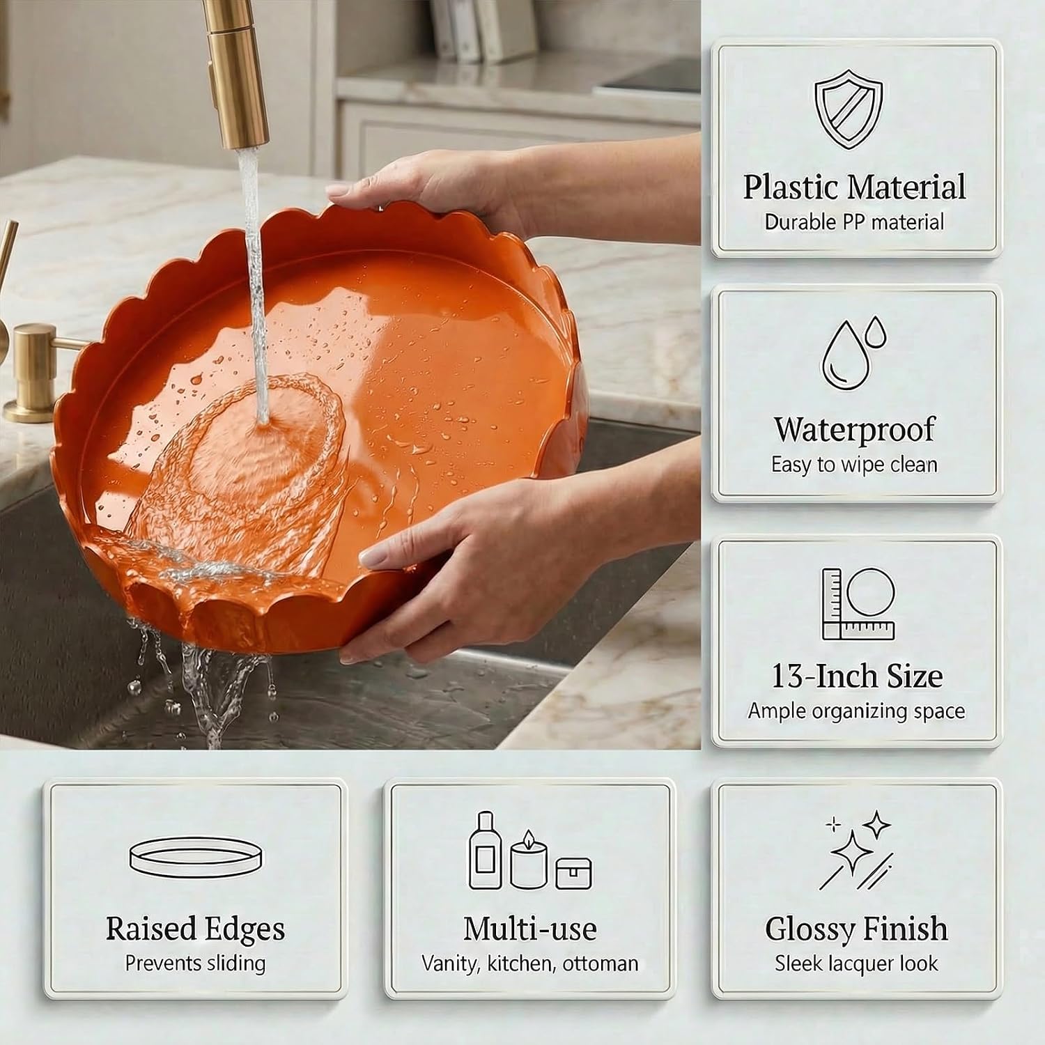 13" Round Scalloped Decorative Tray / Orange