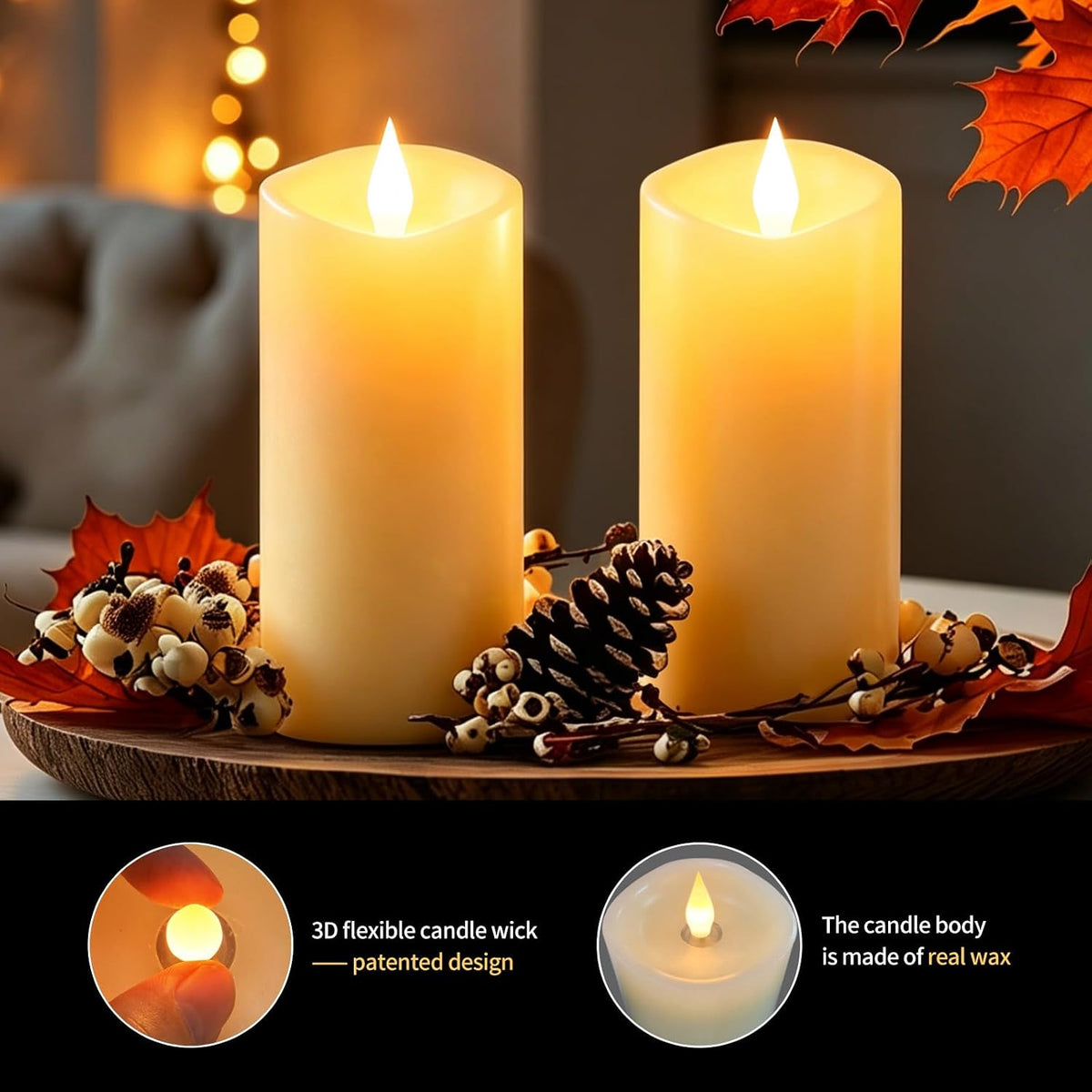 Flameless LED Candles 3"x7" Set of 2, Battery Operated with Remote & Timer, 600-Hour on 2 AA Batteries, Flickering