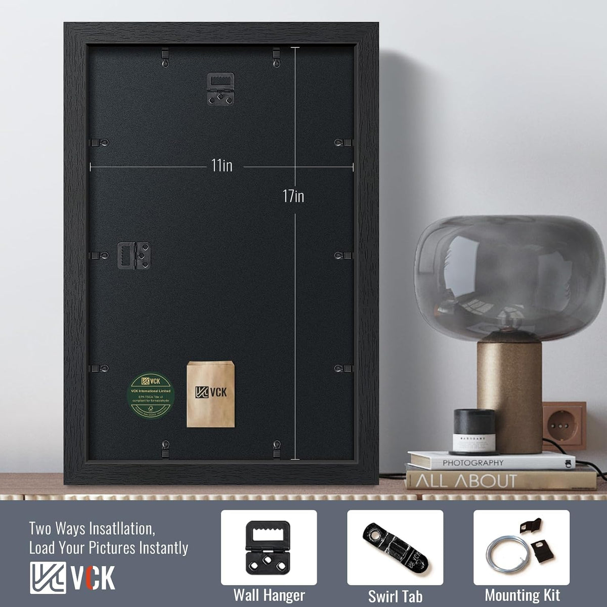 VCK 11x17 Picture Frames - Black, Wide Border Solid Wood Frame, Display Posters in Horizontal and Vertical, for Home