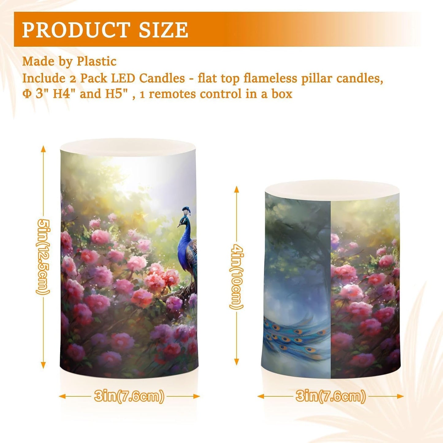 Flickering Flameless Candles, Peacock Flowers LED Candles with Remote Timer, Set of 2 Battery Operated Candle for