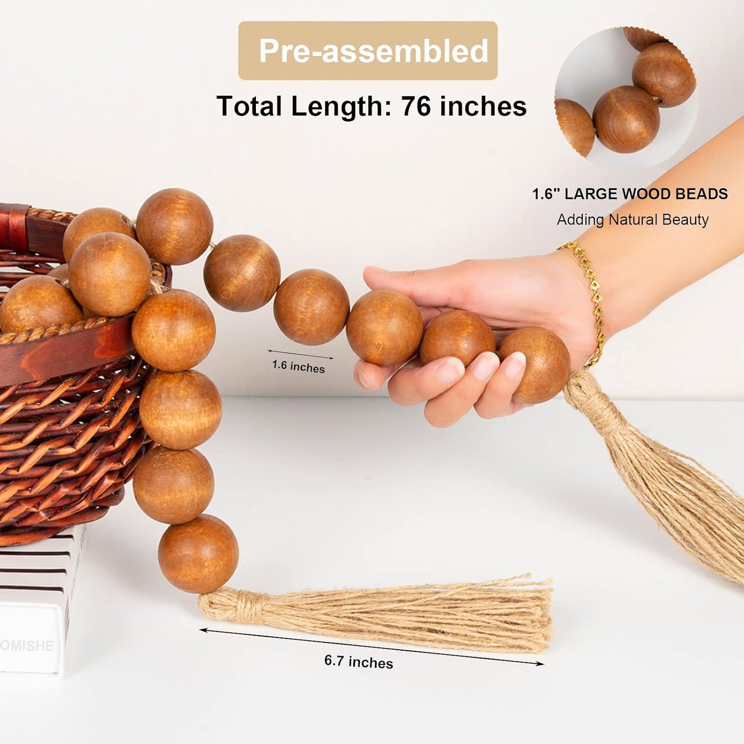 76" Long Extra Large Wood Bead Garland / 7 Brown / 76 Inches