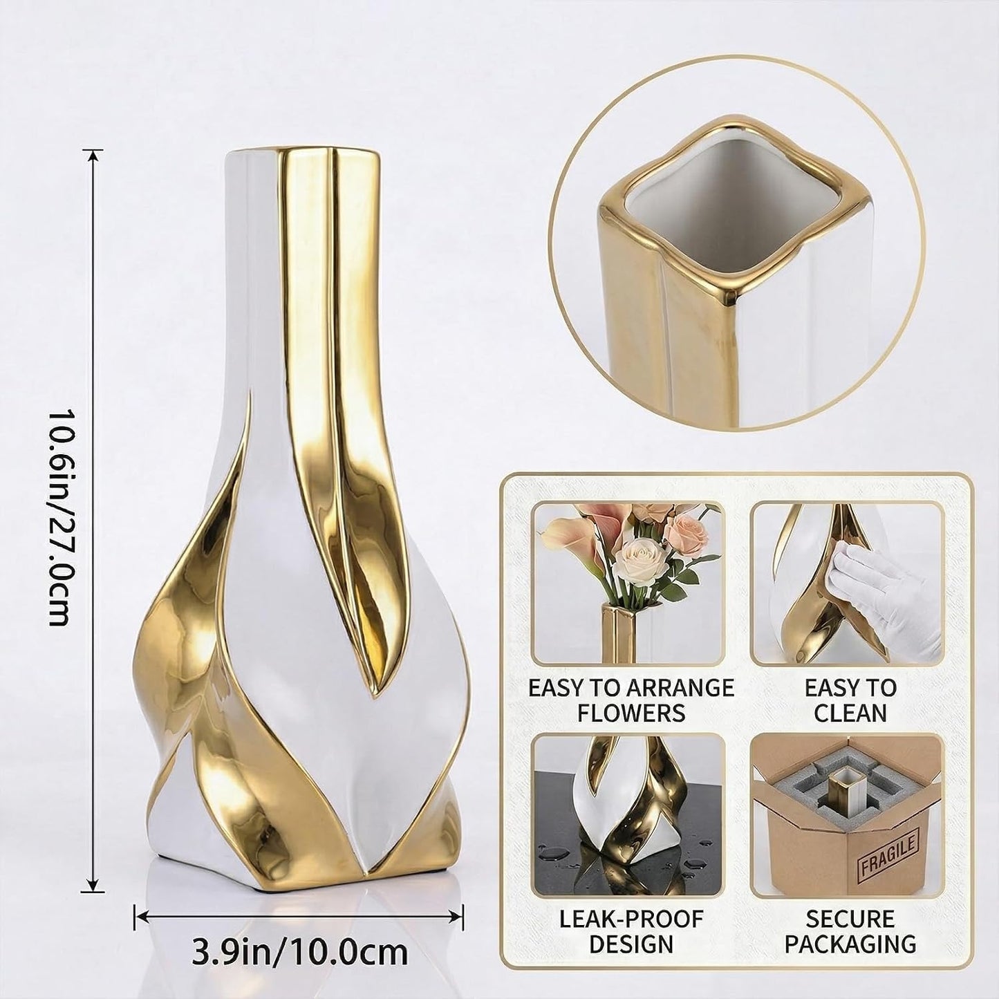 10.6" White and Gold Ceramic Vase / White Gold
