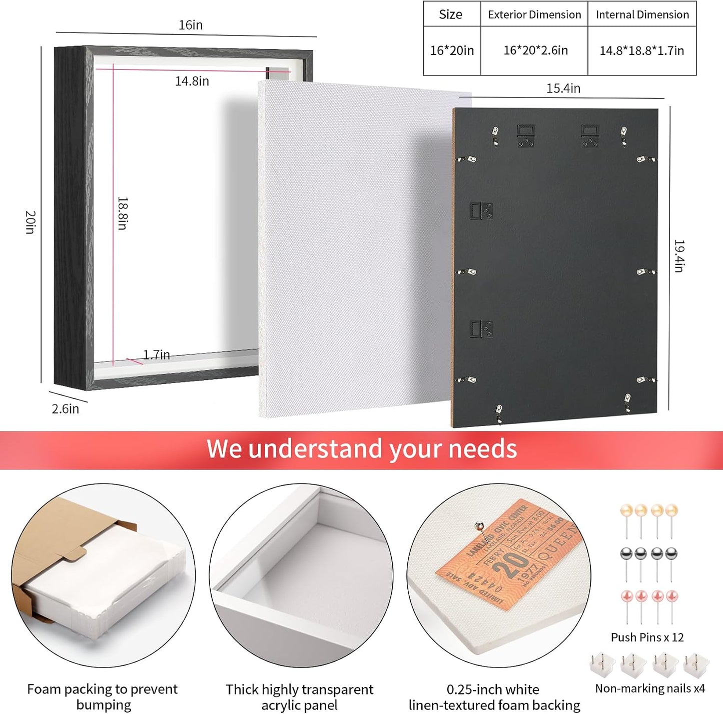 16x20 Large Shadow Box Frame with Thickened Acrylic Panel & Pins | With Linen Back, Upgraded 1.7" Deep Black Shadow Box