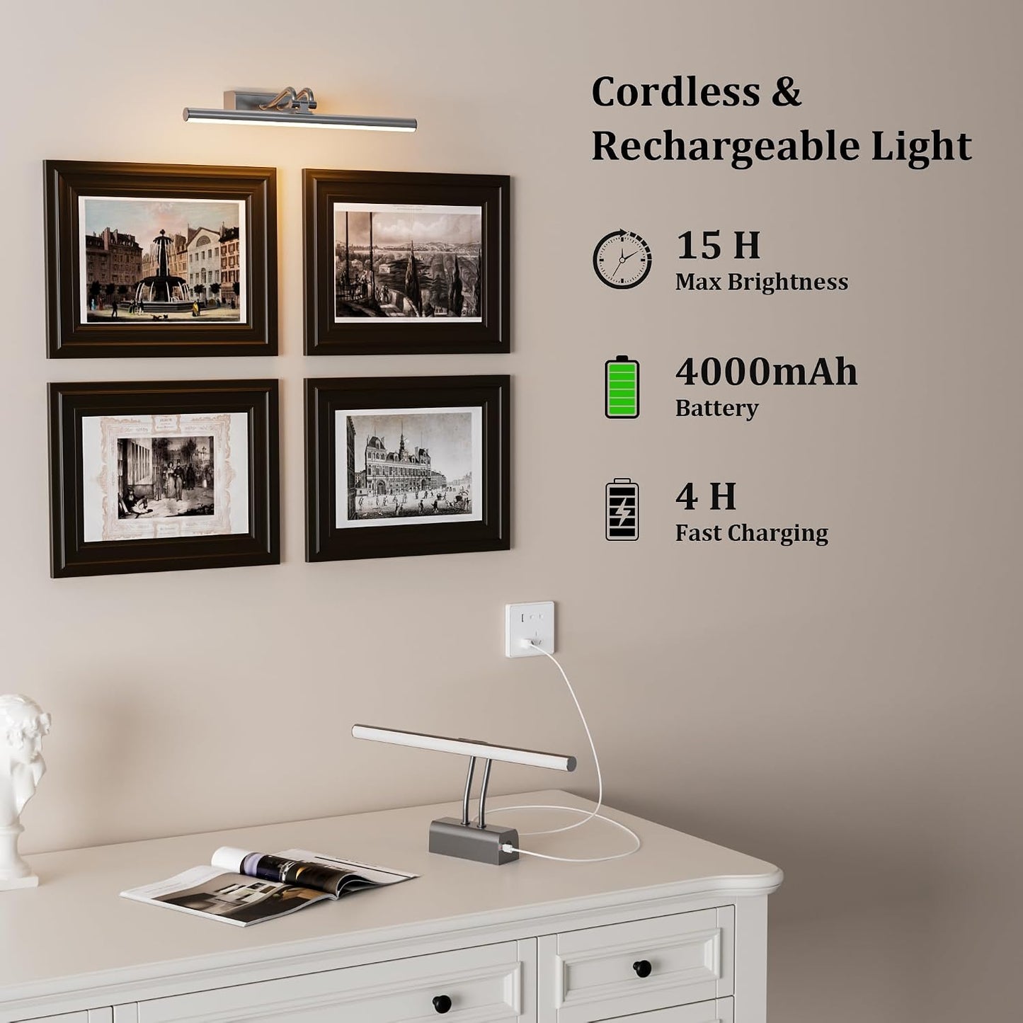 Battery Operated Picture Light for Wall, Grey, 13.8", Remote Control | 4000mAh Cordless,Grey Wall Light, Magnetic for