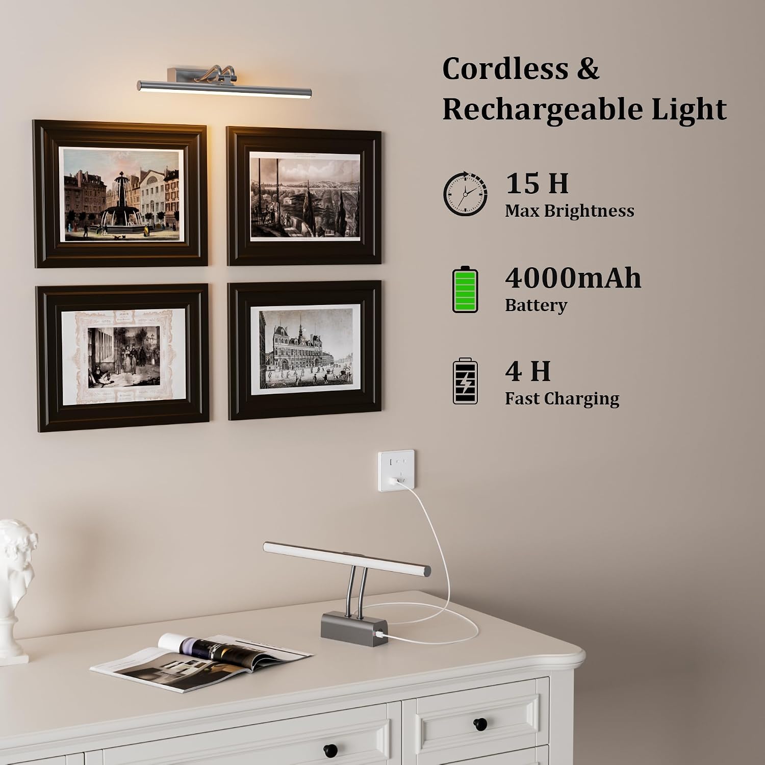 Battery Operated Picture Light for Wall, Grey, 13.8", Remote Control | 4000mAh Cordless,Grey Wall Light, Magnetic for
