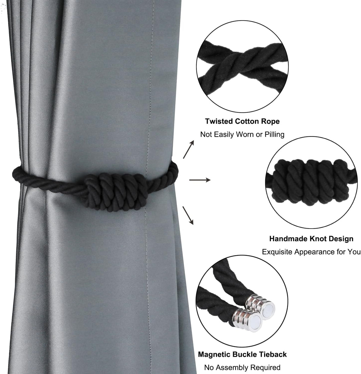BEL AVENIR Magnetic Cotton Curtain Tiebacks 6 Pack Hand-Woven Curtain Ties | Black Cotton Decorative Curtain Holdbacks