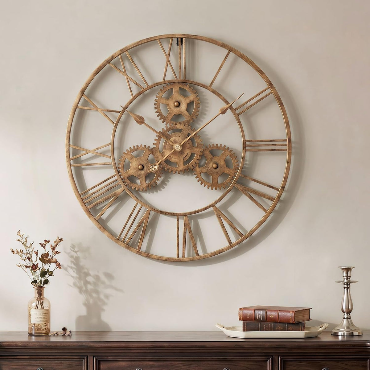 Cuspin 24 Inch Gold Wall Clock with Gears, Modern Industrial Metal Clock | Roman Numeral, silent non ticking, battery