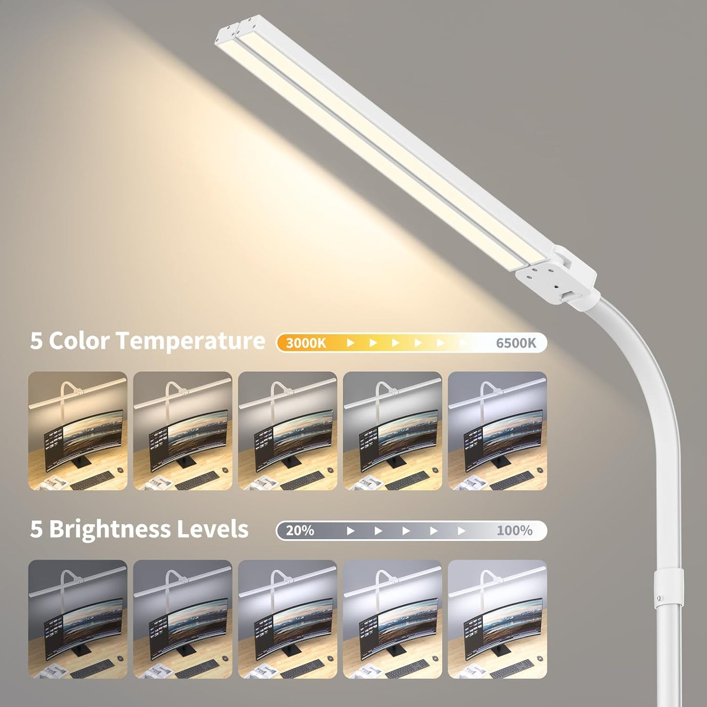 LED Desk Lamp Architect Task Light Dual Head Modern Flexible Gooseneck Tall | Dimmable Light for Home Office, 5 Color