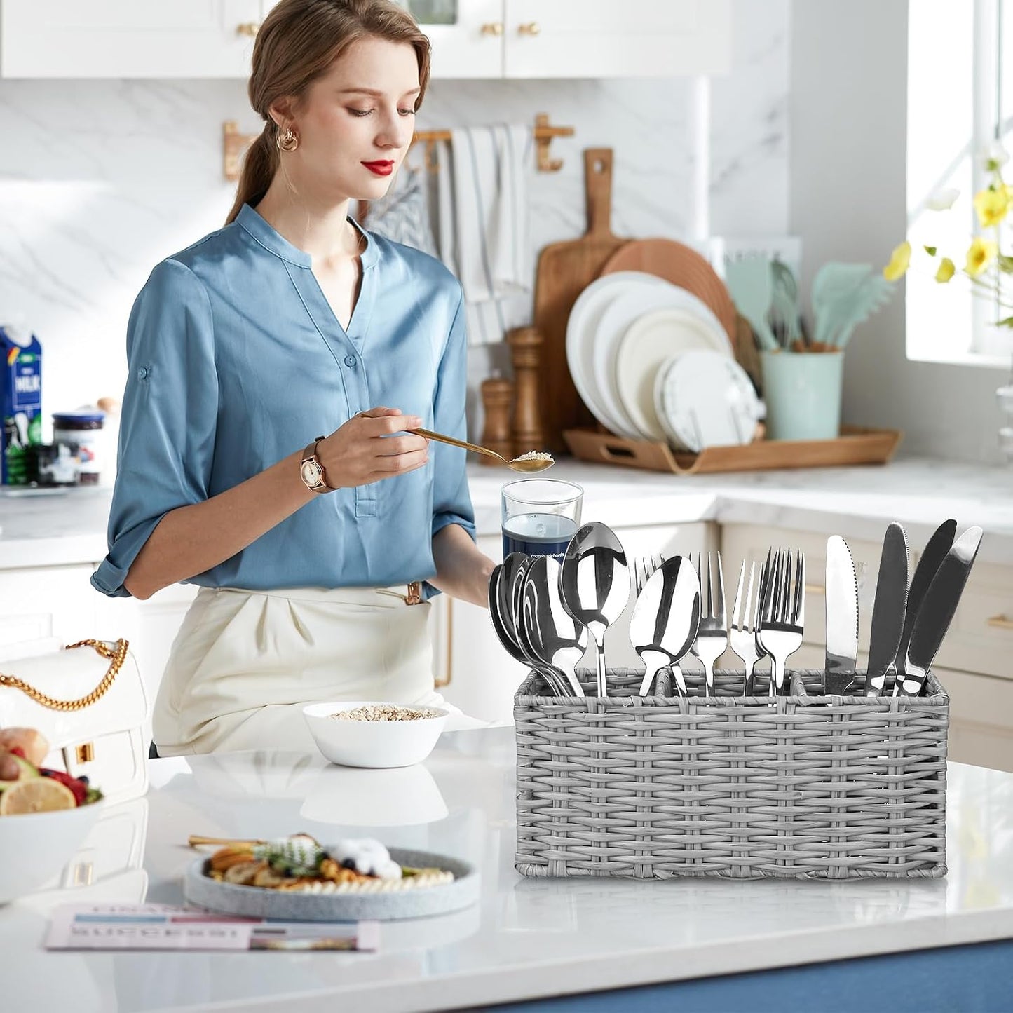 Grey Plastic Cutlery Silverware Holder Small Utensil Organizer Holders / 9.5"lx4"hx3.3"w / Gray