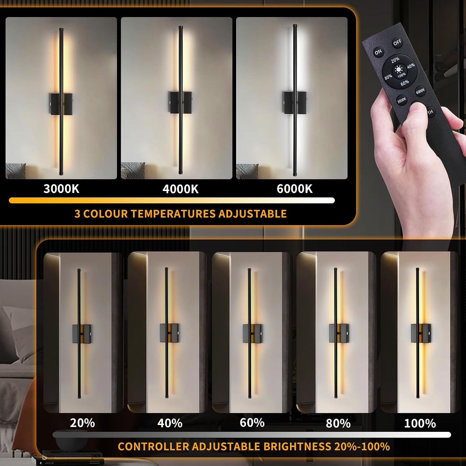 15800 mAh Battery Operated Wall Sconces with Remote Control, Dimmable Wall Sconces Set of Two 3000K LED Matte Black and