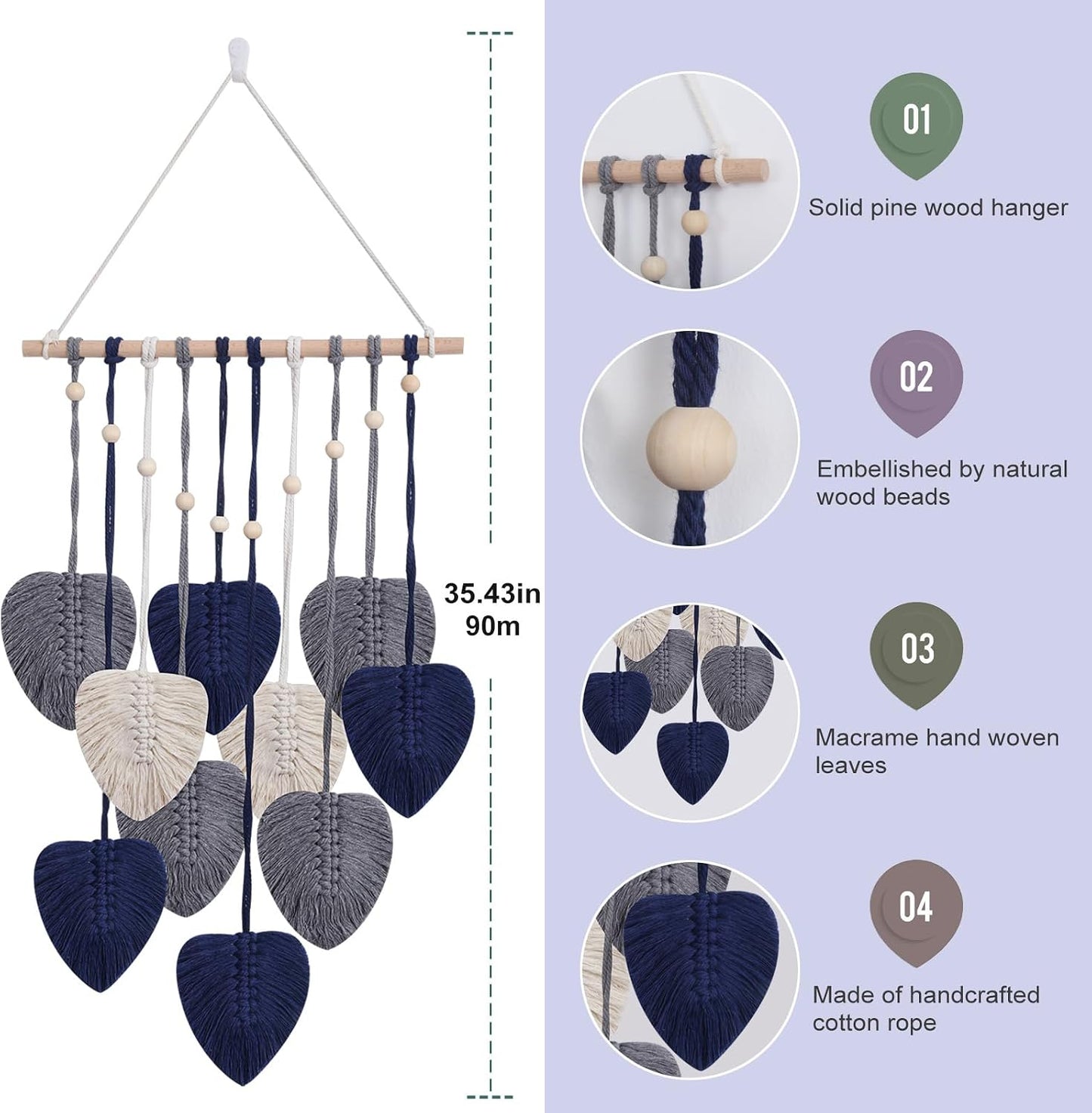 Macrame Wall Hanging Decor Leaves Tapestry / Blue
