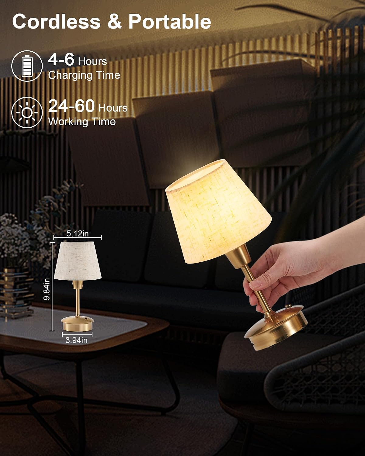 2 Pack Small Rechargeable Cordless Table Lamp for Restaurant Bar | 5200mAh Battery Operated, Portable Touch Dimmable