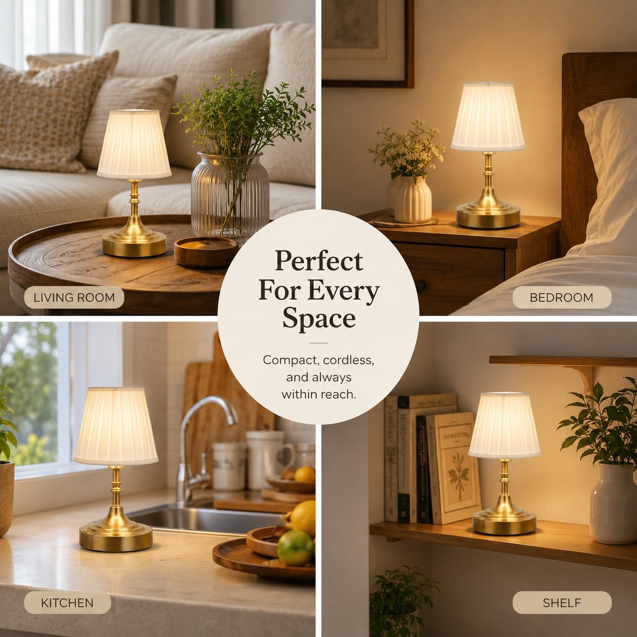 Gold Small Cordless Table Lamp Rechargeable,Mini Lamp - Kitchen Countertop | Battery Operated｜Touch