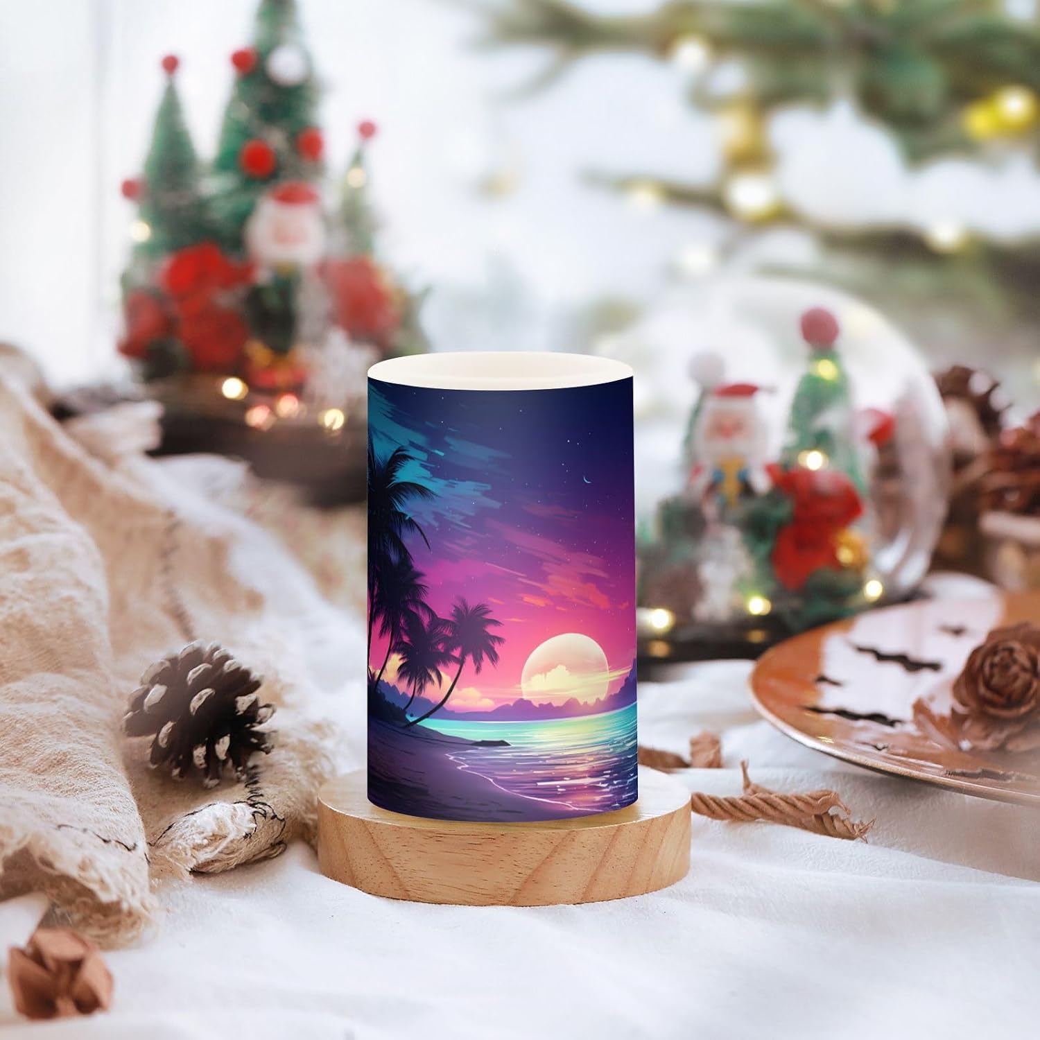 Flickering Flameless Candles, Palm Tree Beach Tropical LED Candles with Remote Timer, Set of 2 Battery Operated Candle