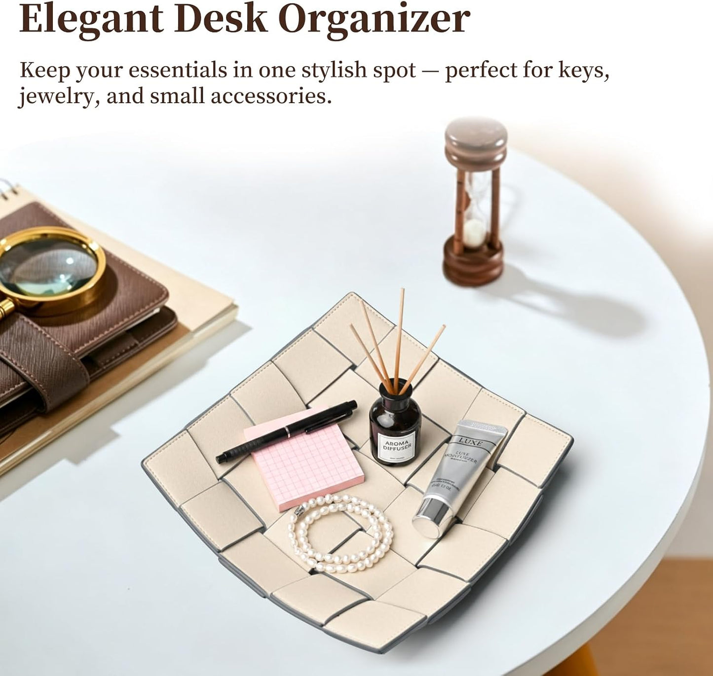 Valet Tray PU Leather Key Holder Bowl for Women and Men Entryway Table Nightstand / Beige + Gray