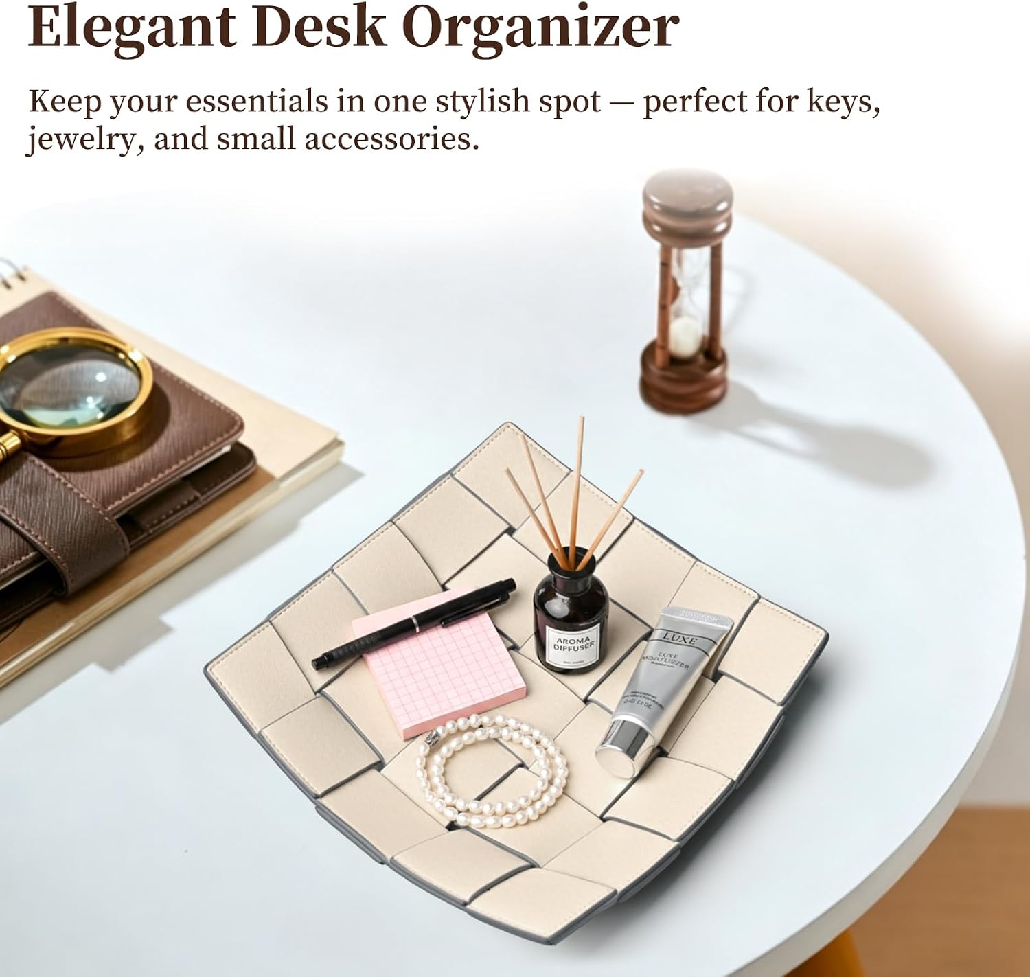 Valet Tray PU Leather Key Holder Bowl for Women and Men Entryway Table Nightstand / Beige + Gray