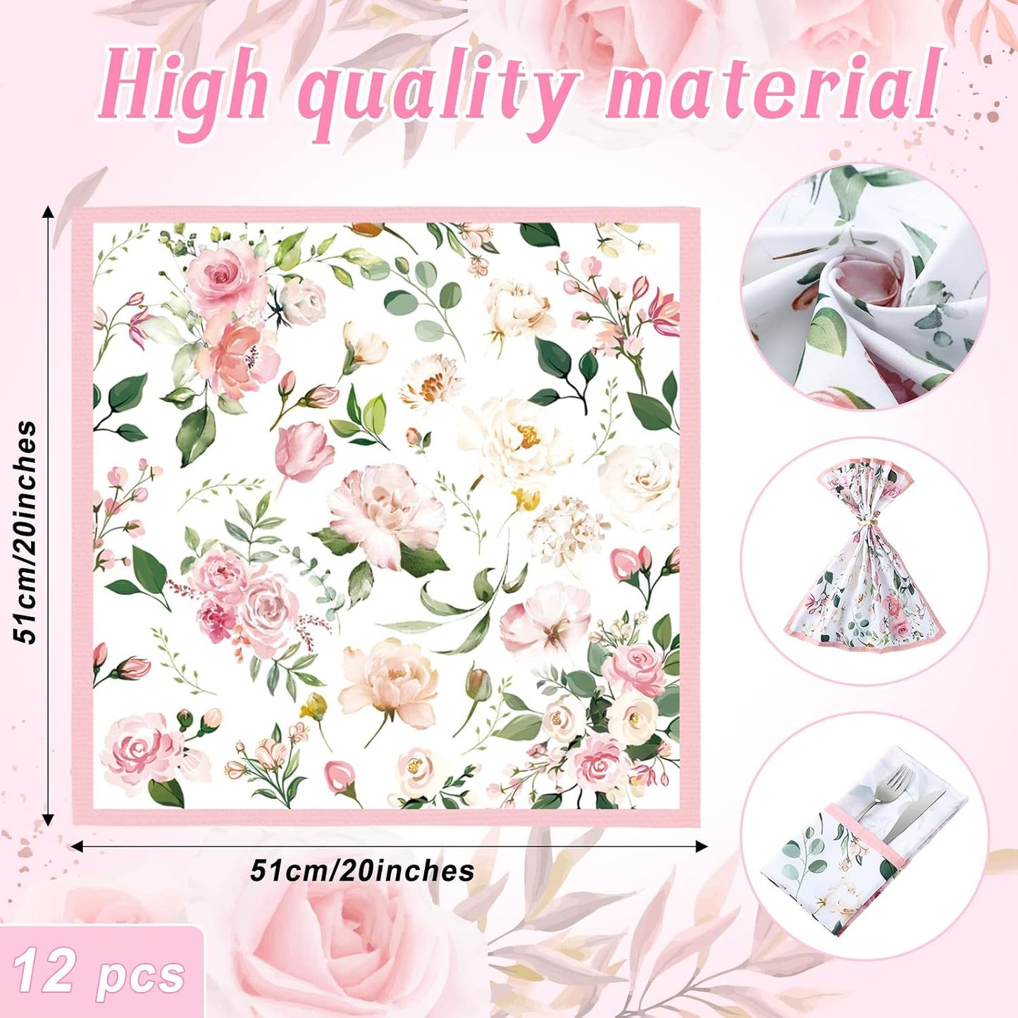 12 Pcs Floral Cloth Napkins 20'' x 20'' Washable Dinner Tea Party Napkins for Kitchen Party Wedding Restaurant Indoor