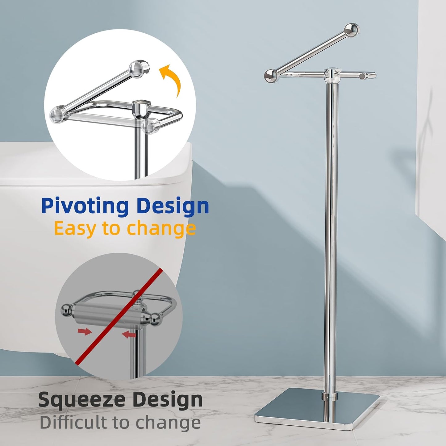 RUACQ Bathroom Toilet Paper Holder Stand, Chrome | Dual-Post Pivoting Free Standing Toilet Roll Holder with Weighted