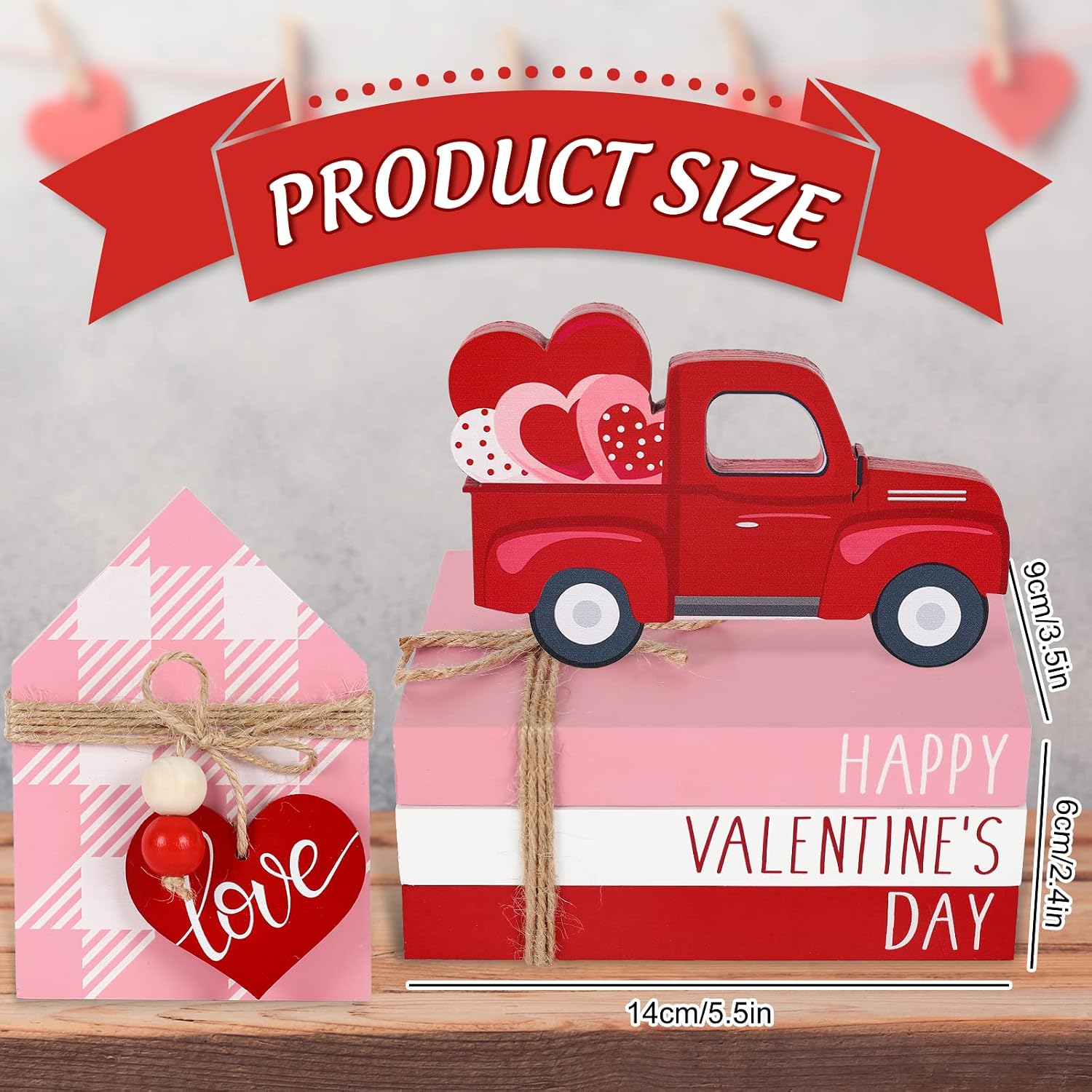 Valentine's Day Wooden Tiered Tray Decorative White Faux Stacked Books Wooden Block Sign / Pink