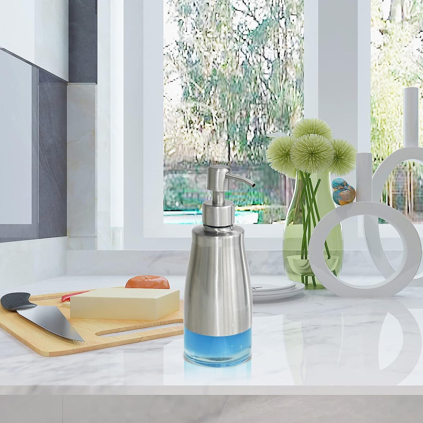 AUMIO 2-Pack Hand Soap Dispenser Set, Stainless Steel Case with Glass Liner | Brushed Nickel Finish | Refillable Design