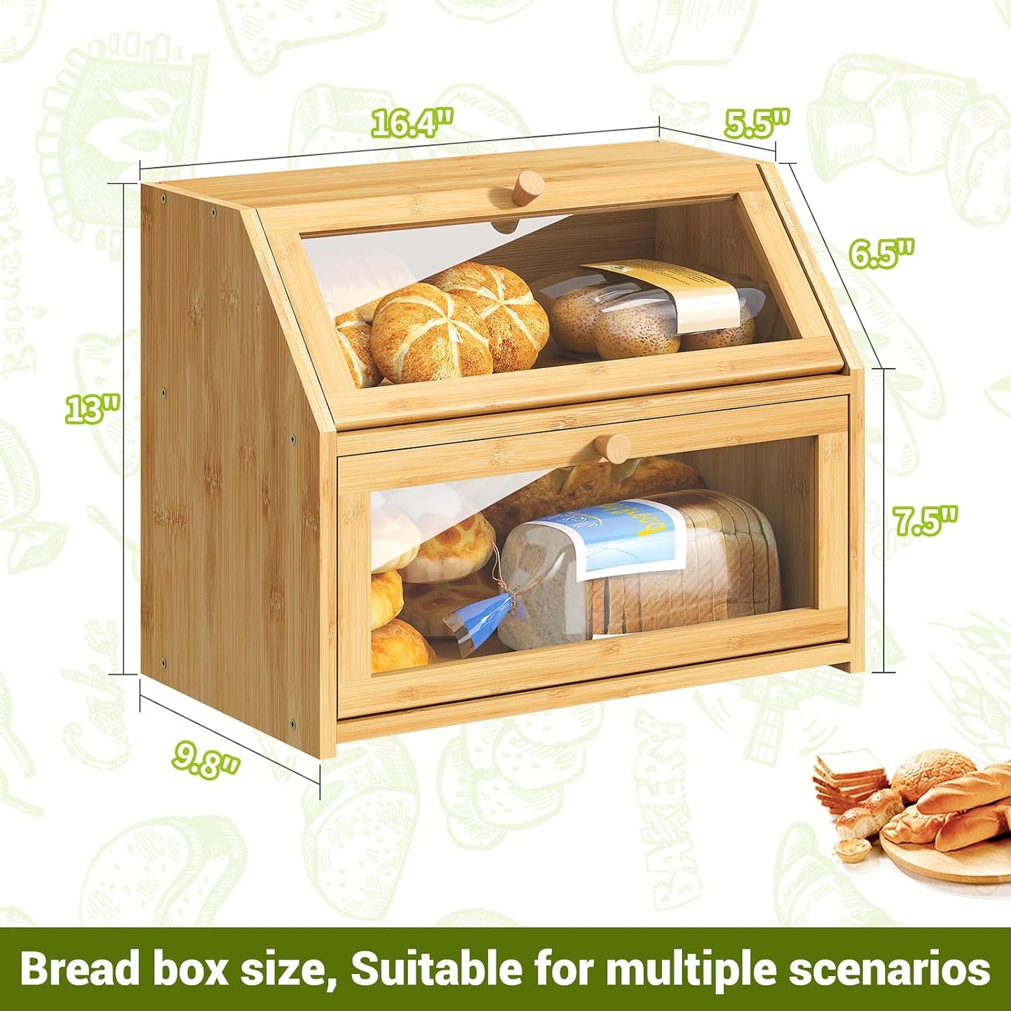 BMOSU Farmhouse Bread Box for Kitchen Countertop Bread box Double Layer Bamboo Wooden Extra Large Capacity Bin Kitchen