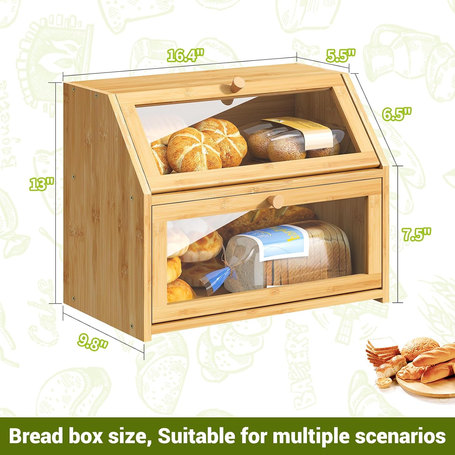 BMOSU Farmhouse Bread Box for Kitchen Countertop Bread box Double Layer Bamboo Wooden Extra Large Capacity Bin Kitchen