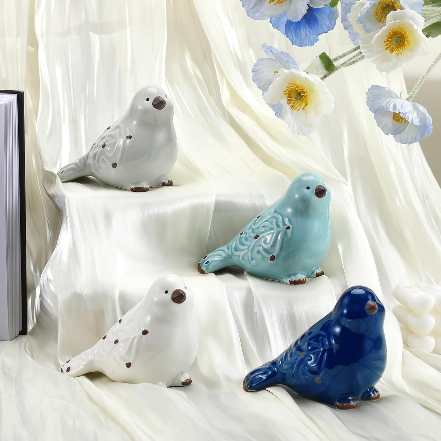 Distressed Finish Ceramic Birds Figurines Home Decor Christmas Bird Tabletop Figurine / Set of 4