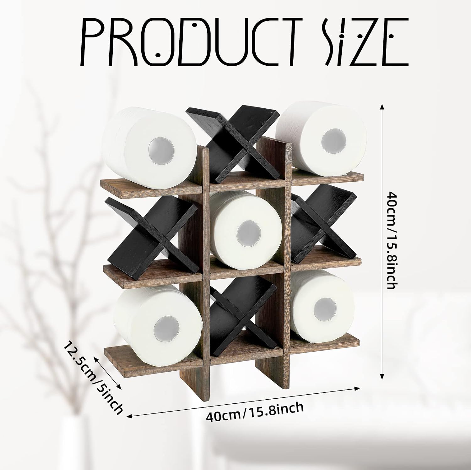 Weysat Tic Tac Toe Toilet Paper Holder,Brown, Black | Farmhouse Bathroom Decor, Freestanding or Wall Mount Storage for