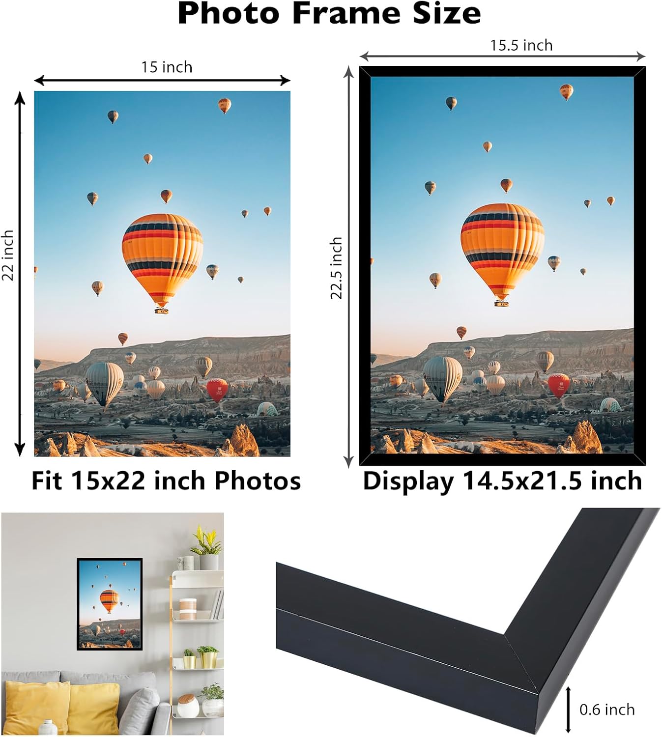 JCJMY 15x22 Picture Frame Set of 4 Black for Wall Hanging, Wall Mounting Horizontally or Vertically, 15 x 22 Wall