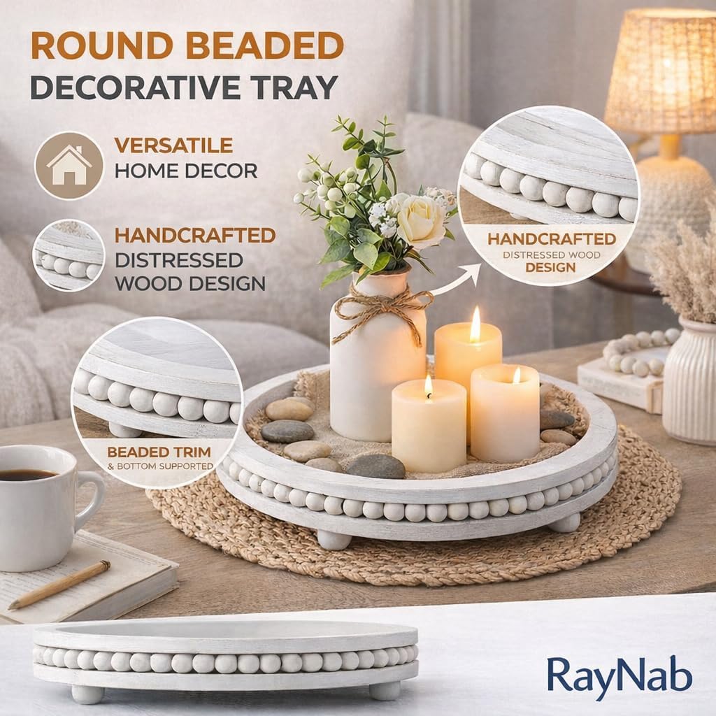 Farmhouse Round Wooden Beaded Tray
