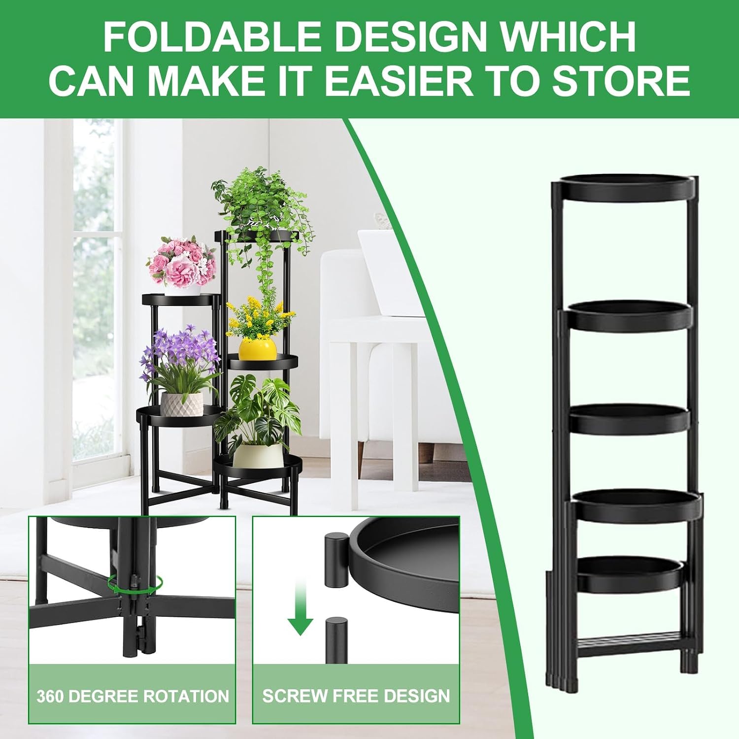 Plant Stand Indoor Outdoor 5 Tier Black Metal Plant Holder 31 in Tall 9 in Wide,Tiered Flower Pot Display