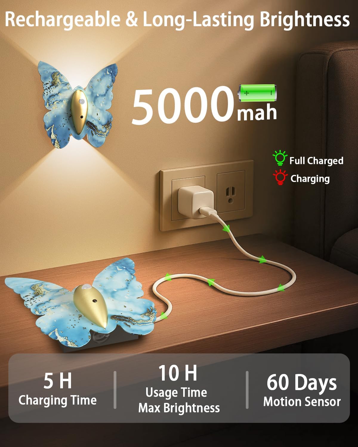 Eneru Motion Sensor Wall Sconce Set of 2, Rechargeable Wall Lights, Indoor | 5000mAh Battery Operated Wall Sconces
