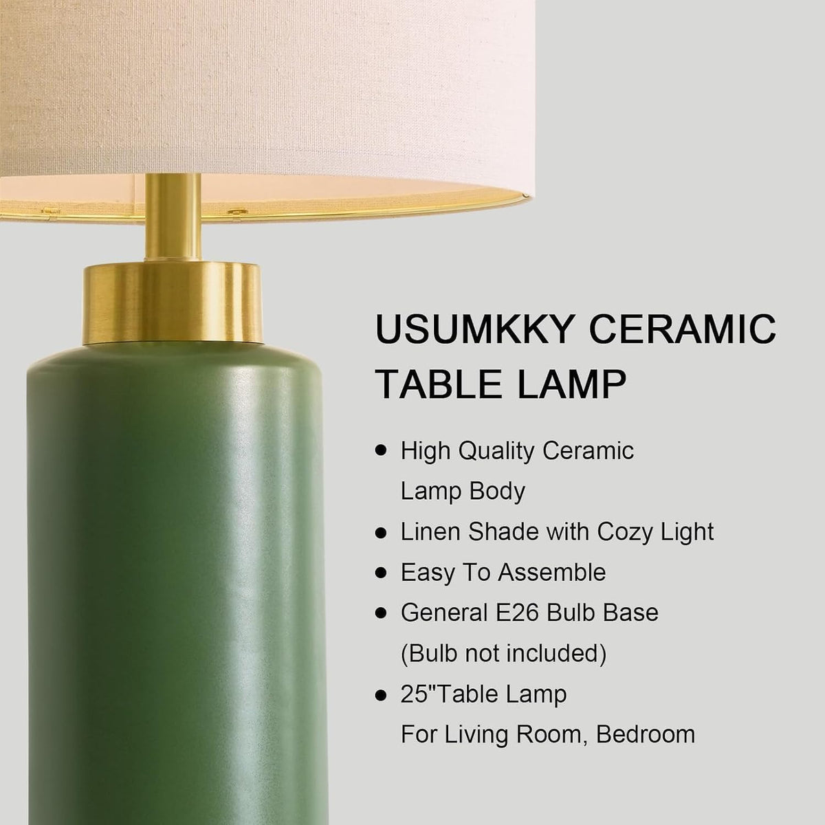 USumkky 25" Green Ceramic Table Lamp Set of 2, Modern Mid-Century Bedside Nightstand Lamps for Bedroom Living Room