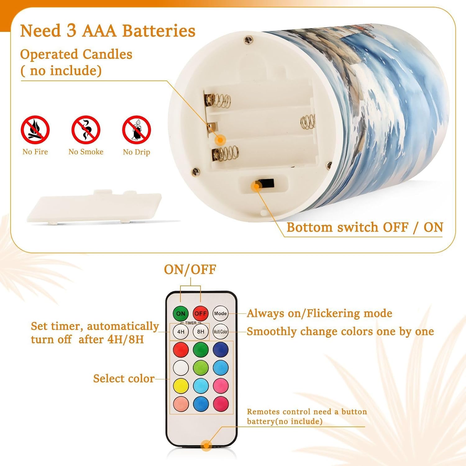 Flickering Flameless Candles, Lighthouse Ocean LED Candles with Remote Timer, Set of 2 Battery Operated Candle for