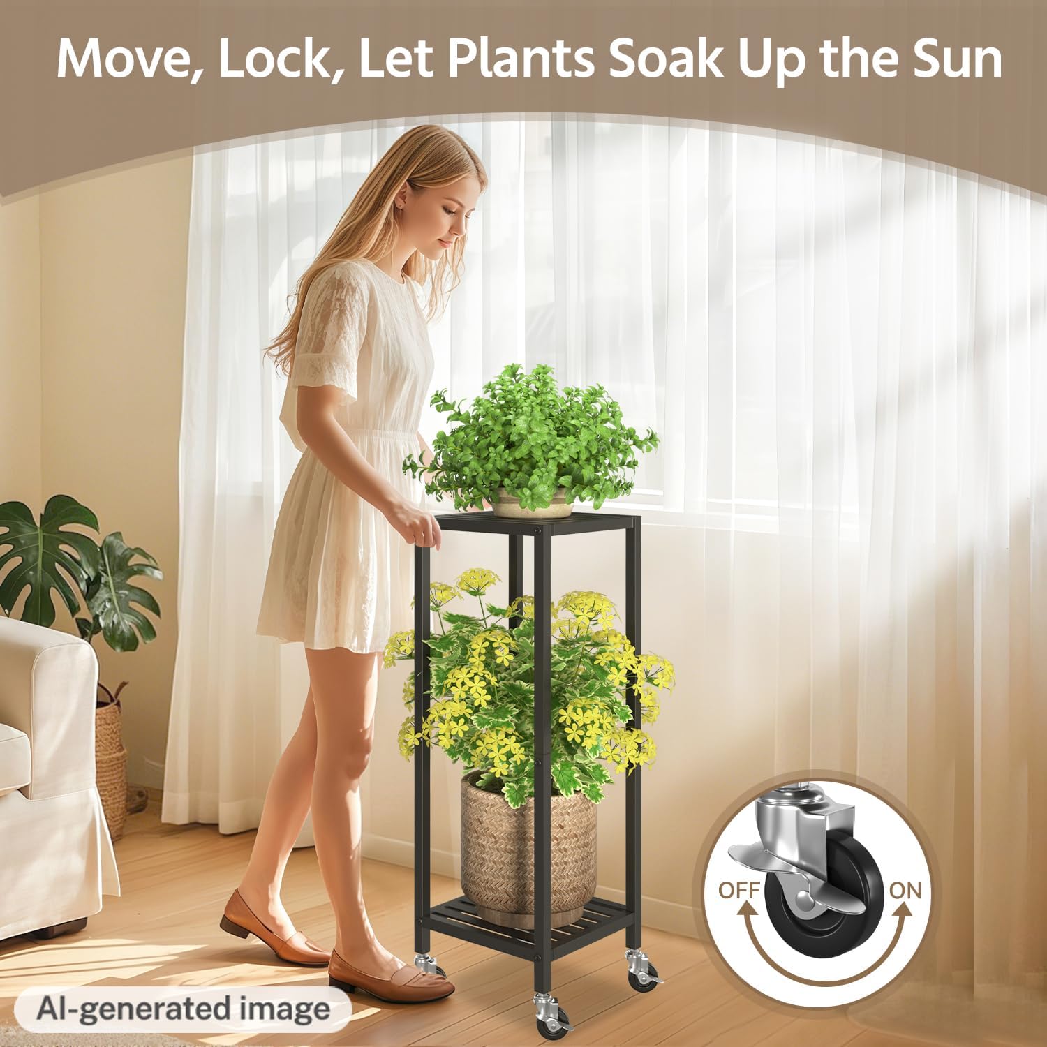 LASZOLA Plant Stand Shelf Indoor Outdoor Tall Corner, 2 Tier Metal Black | Iron Flower Holder with Wheels for Large