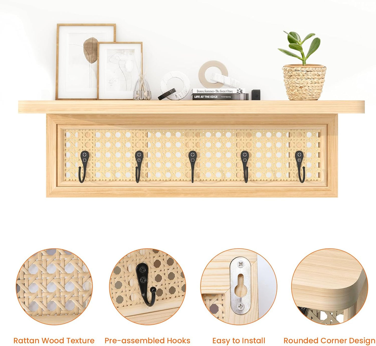 Wood Floating Shelves / Metal Hook / Natural