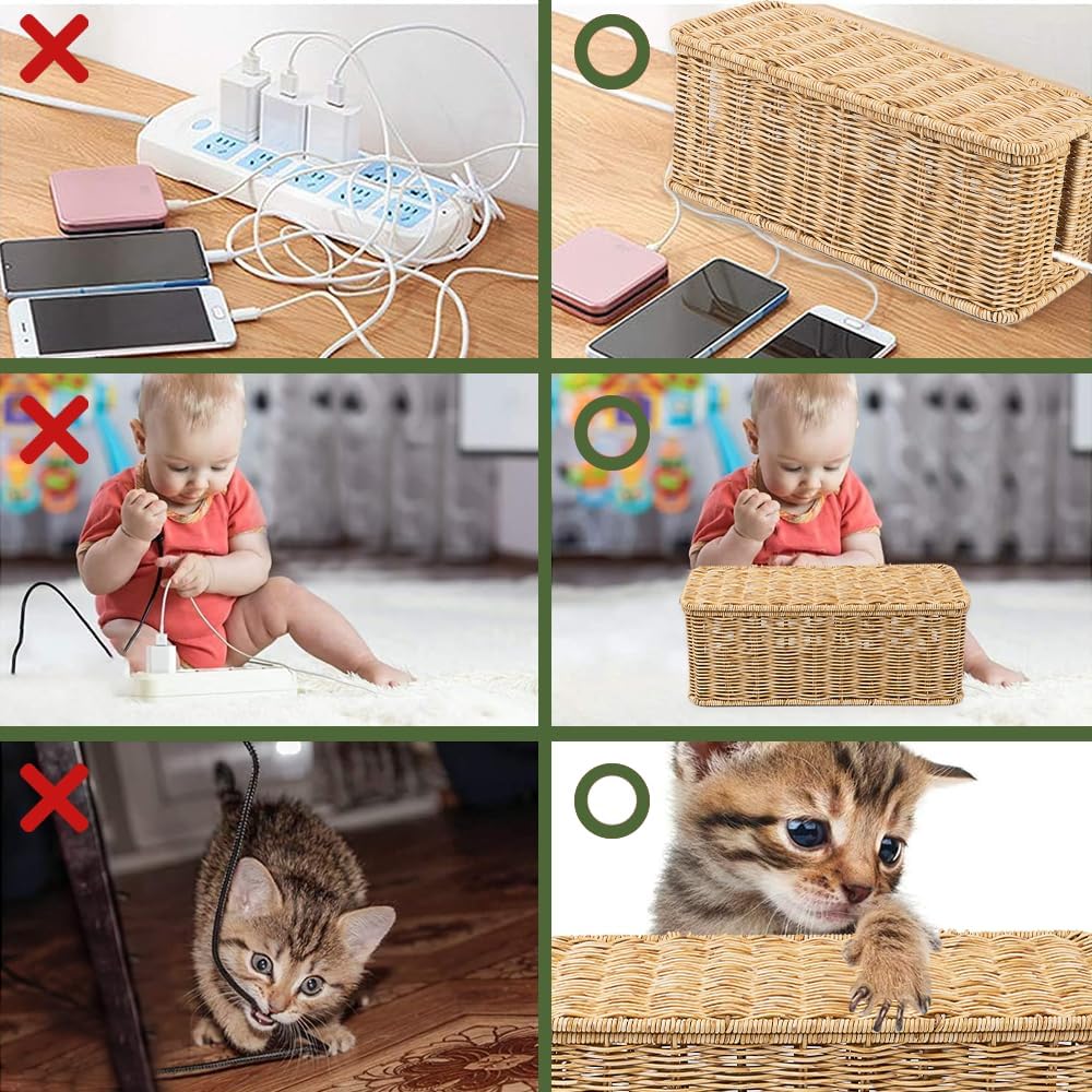 Handmade Rattan Cable Organizer / Natural / Rectangle