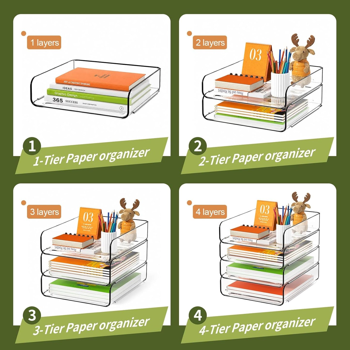 4-Tier Acrylic Paper Tray Organizer / 4-tier-vertical / 12.6 x 9.6 x 11 / Clear
