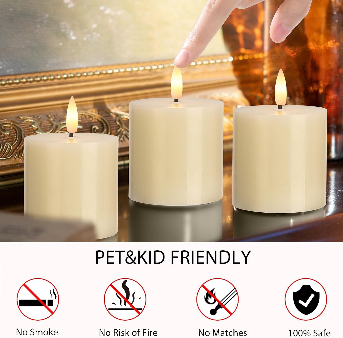 Flameless Pillar Candles, 3x3 Ivory Real Wax, Remote Timer, 3 Pack | Battery candles with timer and remote, adjustable