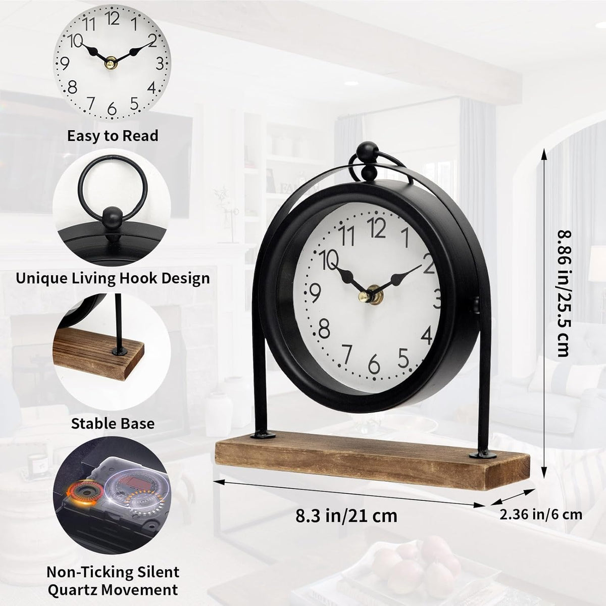 Vintage Small Table Clock, Black Metal Farmhouse Table Clock with Wooden Base, Silent Non-Ticking Battery Operated Desk