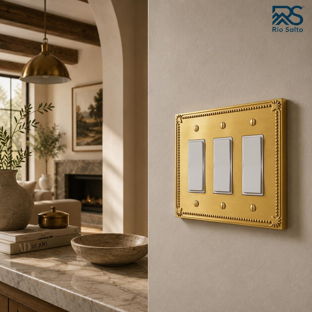 Rio Salto Brushed Gold Decorative 3 Rocker Light Switch Cover Plate 3 Gang Rocker Switch Plate Triple Rocker Wall Plate