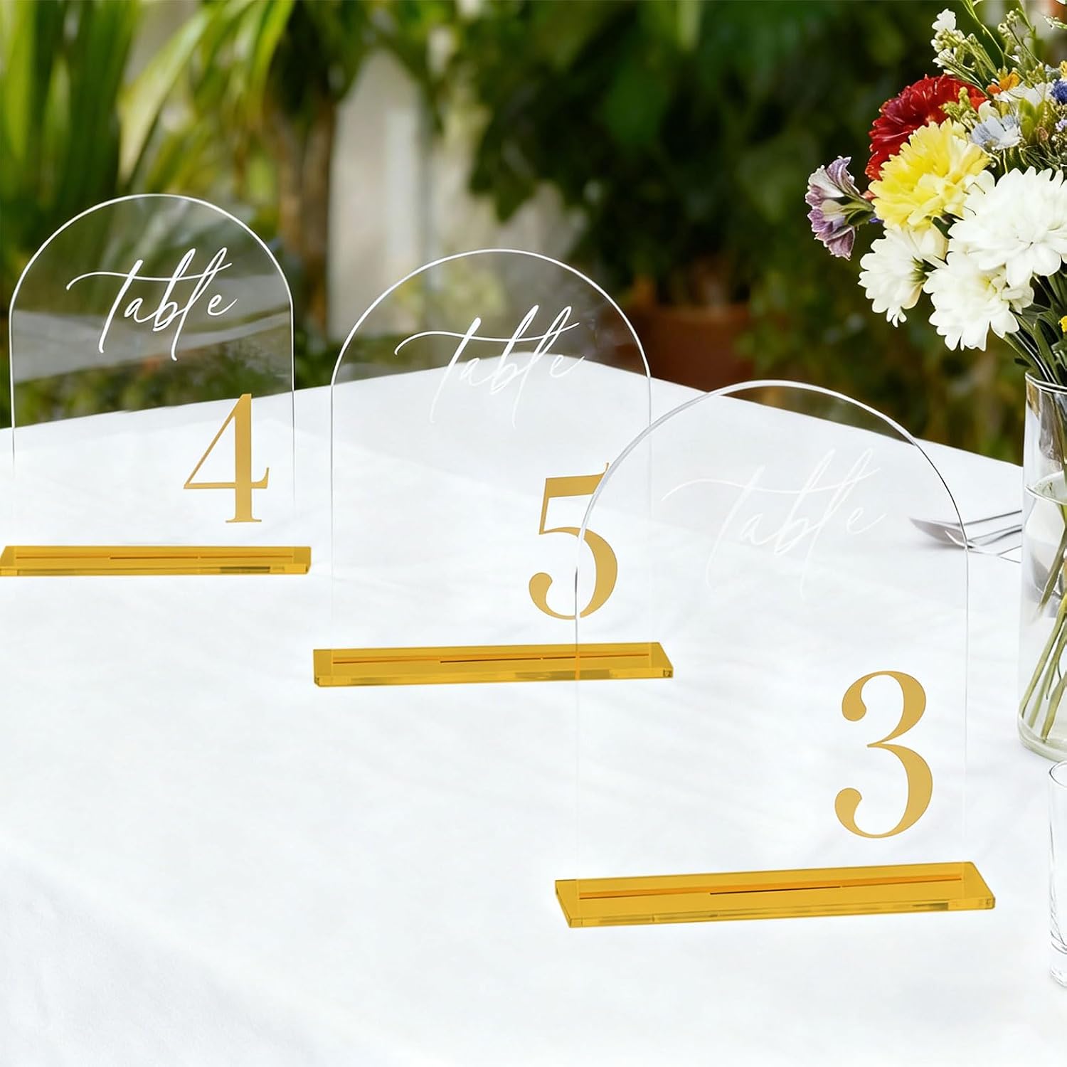 1-25 Arch Acrylic Wedding Table Numbers with Stands 5x8 Inch Signs | Transparent acrylic, golden letter print, sturdy