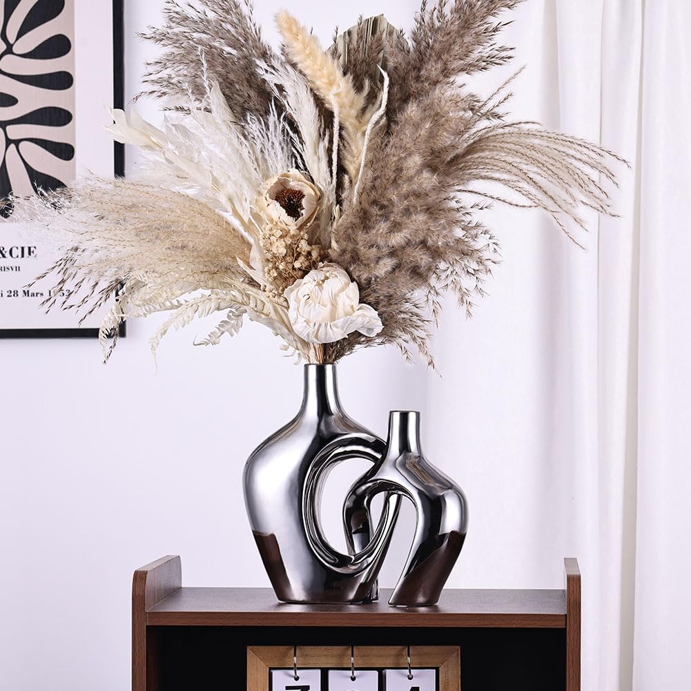 Hollow Ceramic Vases / Silver / Set of 2