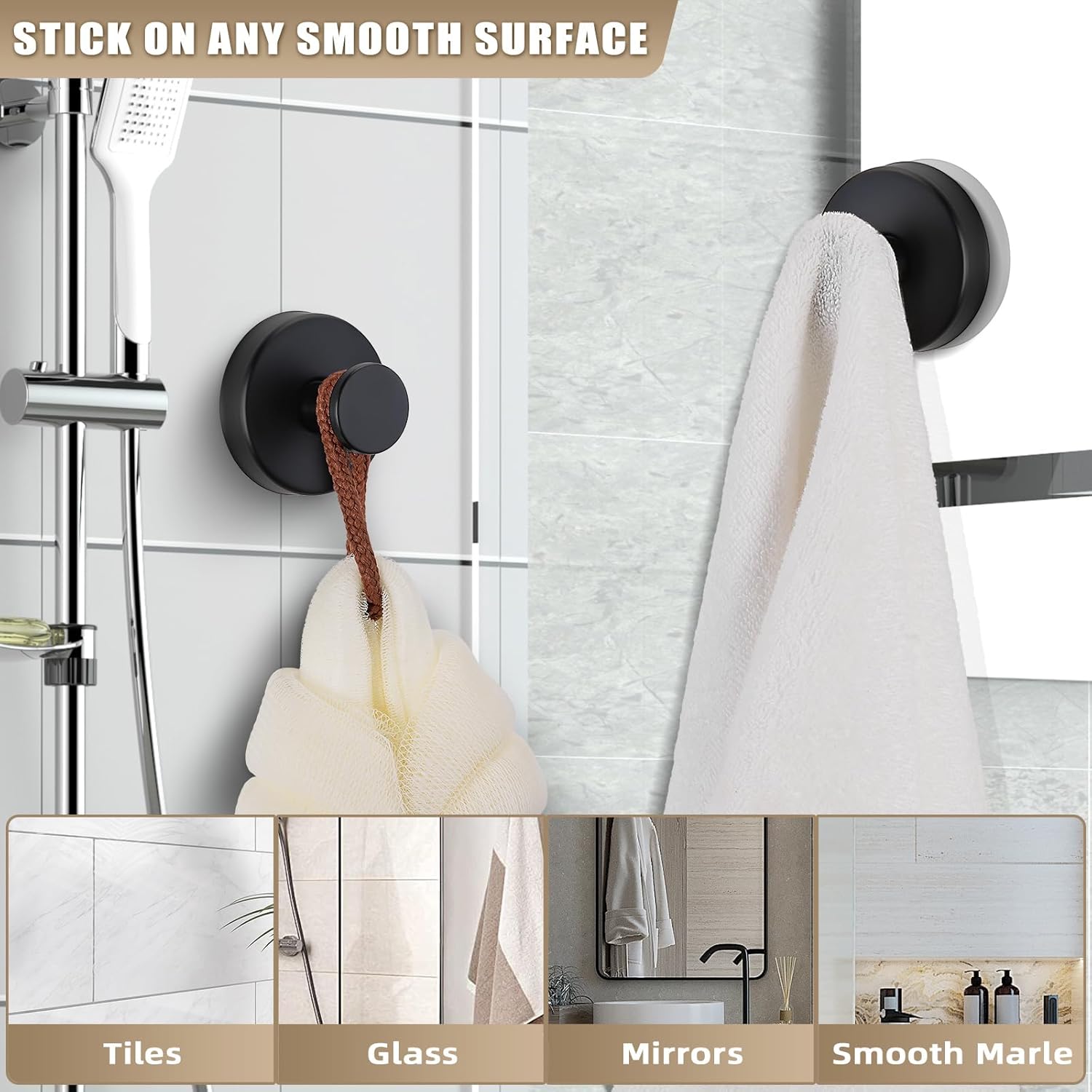 Suction Cup Hooks for Shower No-Drill Bathroom Hooks for Towels / Matte Black / Set of 2