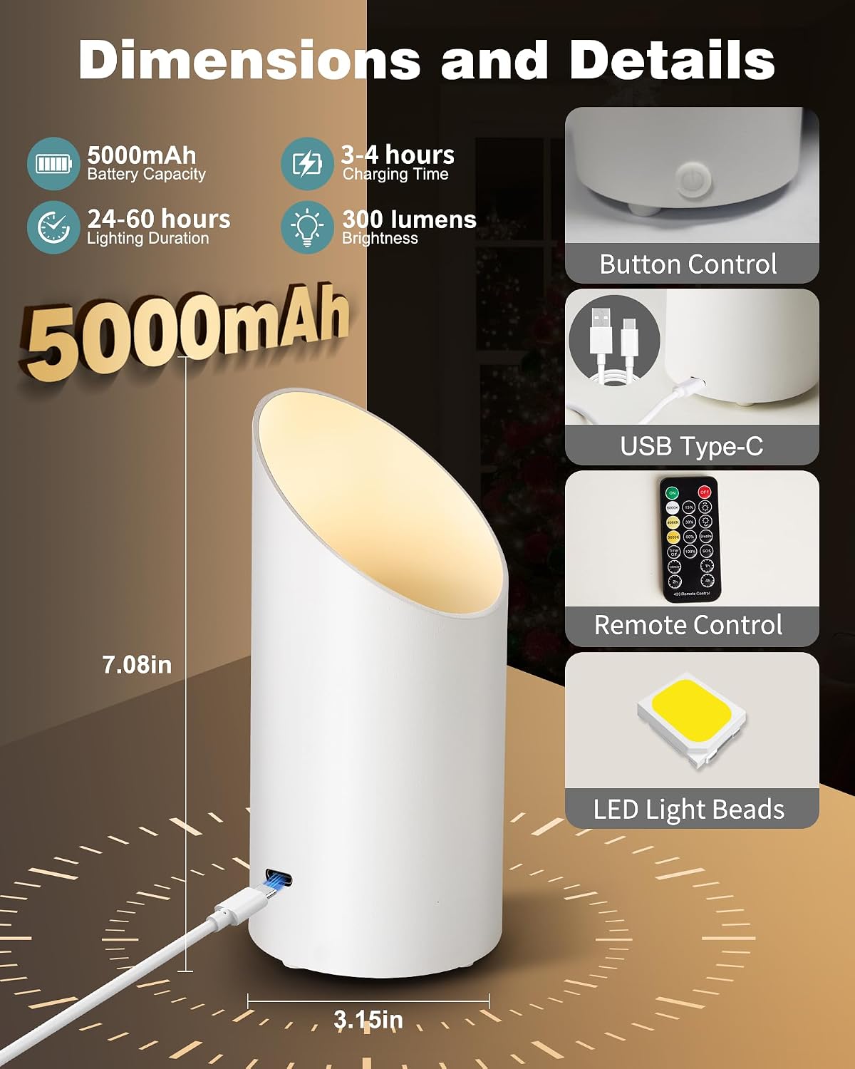 Powfloven 2 Pack Uplights Indoor Battery Operated, Wireless Uplighting | USB Charging, Remote, Timer, 3 Color