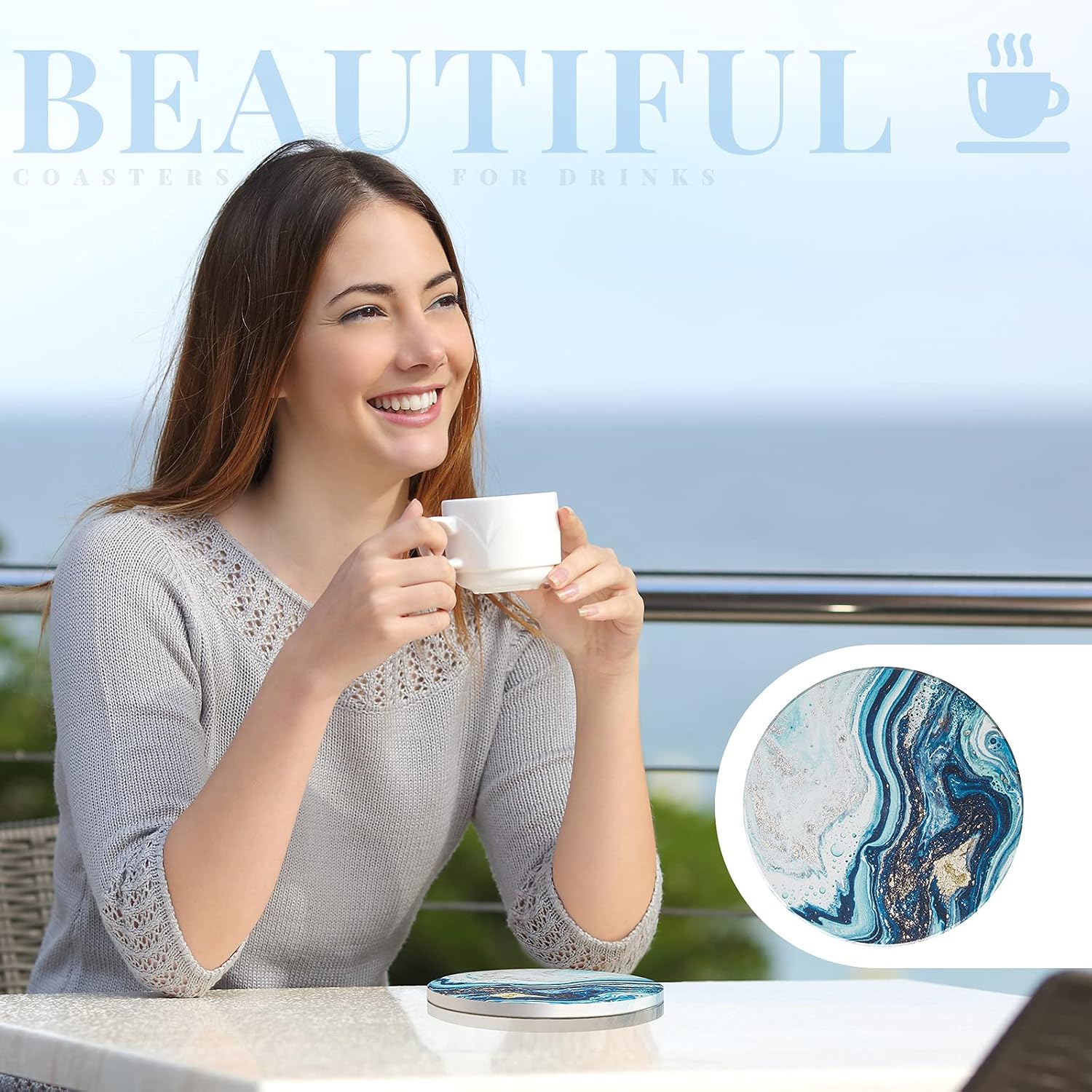 Holder / Marble Ocean Pattern Ceramic Absorbent Ocean Style Absorbent Ceramic Coasters / Set of 8